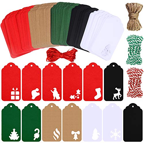 Product Cover Winlyn 169 Pcs 5 Colors Paper Gift Wrap Tags Christmas Party Favor Tags Bulk Blank Holiday Hang Tags in Assorted Hollow Designs with Jute Rope Twine Ribbon for Christmas Gifts Wedding Favors Crafts