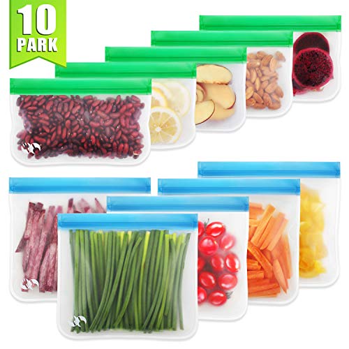Product Cover Reusable Storage Bags - 10 Pack Extra Thick Leakproof Freezer Ziplock Bags, Super Easy Seal Food Storage Bags, Perfect for Home Organization /Lunch Sandwich Snack Storage /Traval & Make-up (BPA FREE)