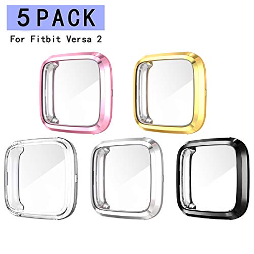 Product Cover Haojavo 5 Pack Screen Protector Case for Fitbit Versa 2, Soft TPU Slim Fit Full Cover Screen Protector Case for Fitbit Versa 2 Smartwatch Bands Accessories