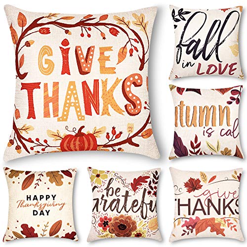 Product Cover Decorsurface Fall Pillow Covers 18x18 - Set of 6, Thanksgiving Farmhouse Decorative Autumn Theme Throw Pillow Covers for Couch, Sofa, Bed and car, Fall Harvest Home Decor