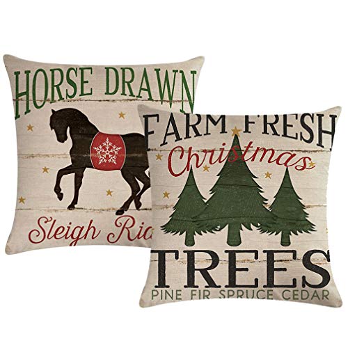 Product Cover ULOVE LOVE YOURSELF 2Pack Farmhouse Decor Christmas Throw Pillow Cushion Covers Farm Fresh Xmas Tree&Horse Drawn Christmas Home Decorative Square Pillowcases 20 x 20 Inches