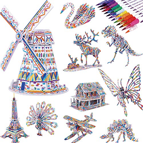 Product Cover 3D Coloring Puzzle Set, 10-Pack Puzzles with 24 Markers, Arts and Crafts for Girls and Boys Age 6 7 8 9 10 11 12 Year Old, Art Painting Crafts Kit with Supplies Best Toys Gifts for Kids