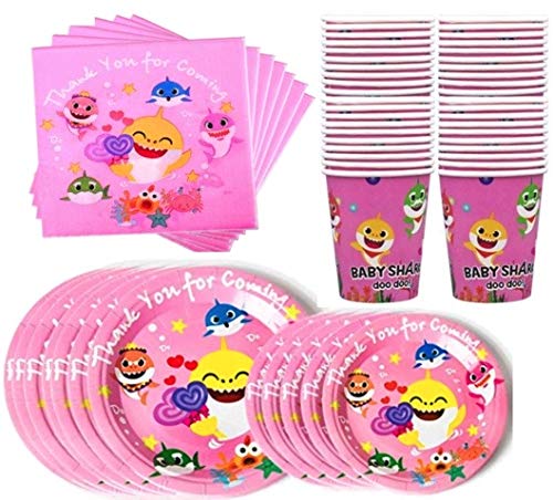 Product Cover Nami Products SHARK PARTY Supplies Pink Birthday Baby Party Dessert Set 16pcs Large Plate, 16 pcs Small Plate, 16 pcs Cups, 16 pcs Napkins - Party Kit for Kids Birthday Shark Theme Baby Shower (16 Guests)