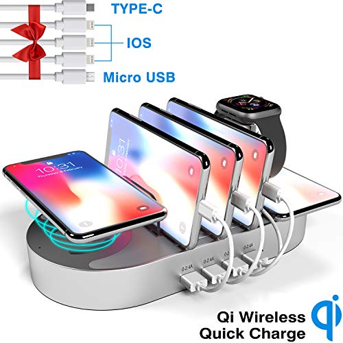 Product Cover Charging Station for Multiple Devices, DGStore 2 QI Wireless Charging Pad 4 Port USB Charger Station Dock, Compatible with iPhone iPad Android Smart Phone Tablet Multi Device(Silver)