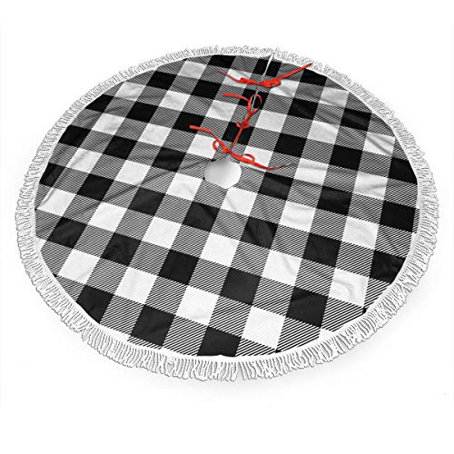 Product Cover AHOOCUSTOM Christmas Tree Skirt Black and White Plaid Tree Mat with Tassel Xmas Tree Skirt Mat for Holiday Decorations 36 Inch
