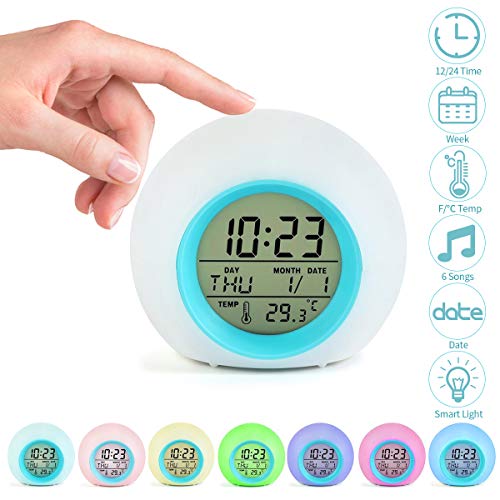Product Cover Jeteven Kids Alarm Clock Digital for Student Boys Girls 7 Colors Changing Light Bedside Children's Bedroom Indoor Temperature Touch Control Snoozing (Blue)