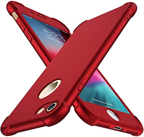 Product Cover ORETECH iPhone 7 Case,iPhone 8 Case with[2 x Tempered Glass Screen Protectors] 360° Full Body Anti-Scratch Protection Cover Hard PC + Soft Rubber Silicone for iPhone 7/8-4.7''- Metallic Red