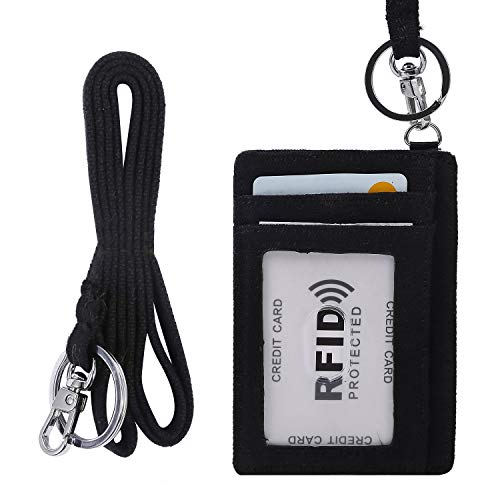 Product Cover Badge Holder with Lanyard, Printed ID Card Holder Wallet with 1 Clear ID Window, 6 Credit Card Slot - Black