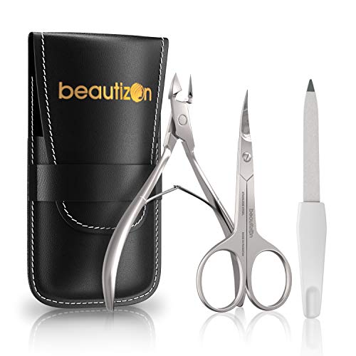 Product Cover Manicure Set Stainless Steel Includes Cuticle Trimmer, Nail File and Curved Scissor with Leather Case - Nail Care Kit at Home/Spa/Salon - 3 Piece