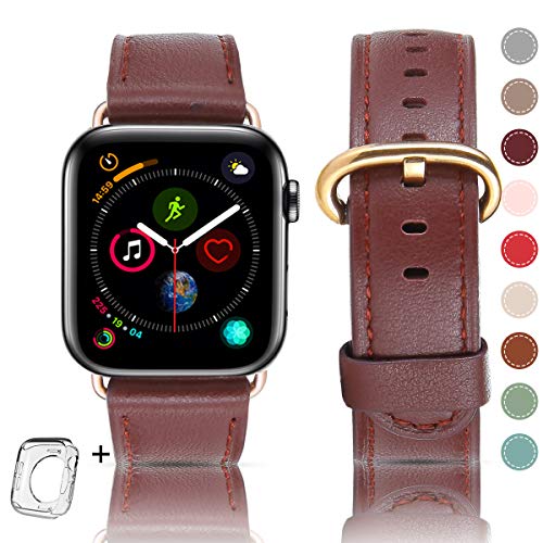 Product Cover Genuine Leather Strap，Compatible iWatch Band Top Grain Leather Bands of Many Colors for iWatch Series 5,Series 4,Series 3,Series 2, (Wine red + Gold Buckle, 38mm 40mm)