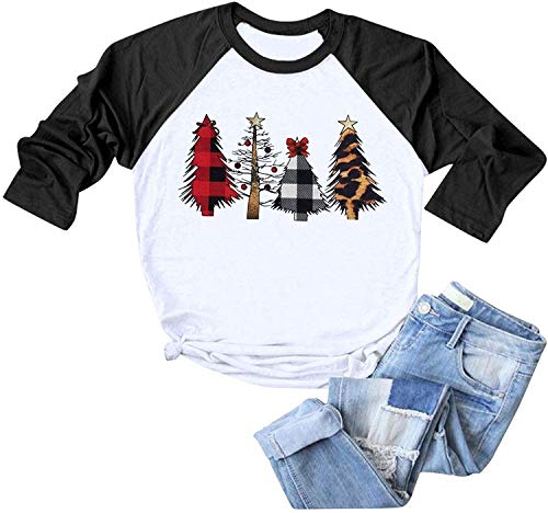Product Cover Qrupoad Women Christmas Tree T-Shirt Raglan Full Long Check Plaid Sleeve Casual Graphic Tees Tops