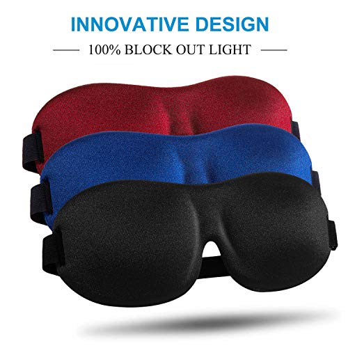Product Cover Sleep Mask 3 Pack, Upgraded 3D Contoured 100% Blackout Eye Mask for Sleeping with Adjustable Strap, Comfortable & Soft Night Blindfold for Women Men, Eye Shades for Travel/Naps, Black/Red/Blue