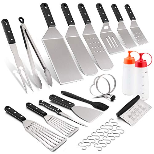 Product Cover Leonyo Griddle Grilling Barbecue Accessories Tool Set of 18, Stainless Steel Metal Spatula for Flat Top Teppanyaki BBQ Gas Cooking, BBQ Tongs, Flip Fork, 2 x Egg Rings, Steak Knives, BBQ Fork