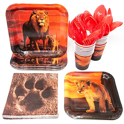 Product Cover Lion Party Supplies Pack (113+ Pieces for 16 Guests), King of The Jungle, Lion Tableware, Jungle Paper Plates