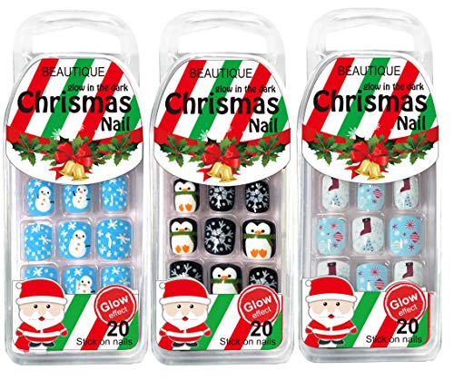 Product Cover MayQueen 3Pack Press On 20Tips Christmas Novelty Nails, Sticker Nails For Kids