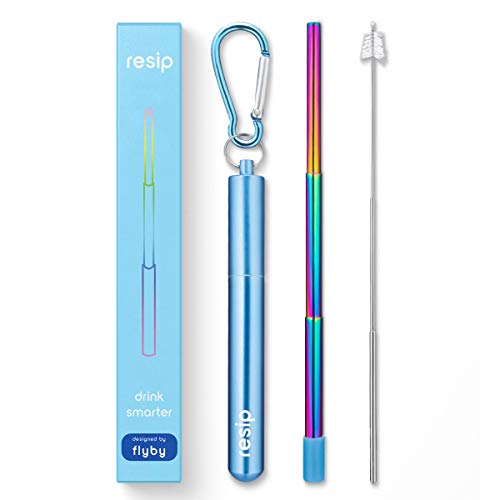 Product Cover Flyby Portable Reusable Drinking Straws | Collapsible & Foldable Telescopic Stainless Steel Metal Straw Dispenser | Final Aluminum Case, Long Cleaning Brush, Silicone Tip | Light Blue Rainbow | 1-Pack