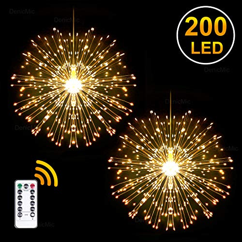 Product Cover DenicMic 2Pcs Starburst Lights 200 LED Firework Lights Copper LED Lights, 8 Modes Fairy Lights with Remote, Hanging Ball Lights for Christmas Bedroom Party Indoor Outdoor Decoration (Warm White)