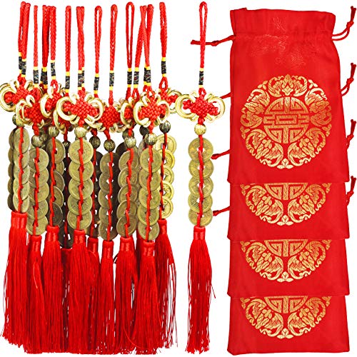 Product Cover 16 Pcs Chinese Five Coins Feng Shui Tassel Hanging Fortune Coin with Red Chinese Knot Tassel Good Luck Charm Lucky Charm and fu Bags for Wealth Health Success Chinese New Year Decoration