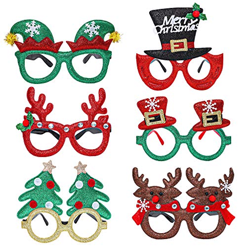 Product Cover Aneco 6 Pack Christmas Glasses Frames Glitter Christmas Decoration Costume Eyeglasses Xmas Creative Eyewear for Holiday Costume Favors, Assorted Styles (Color c)