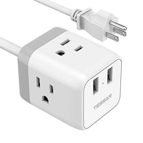 Product Cover Travel Power Strip with USB, TESSAN Mini Extension Cord with 3 Outlets 2 USB, 4 Feet Small Power Strip Cube Desktop Charging Station for Travel, Office, Home, Dorm, Hotels, Cruise Ship, Nightstand
