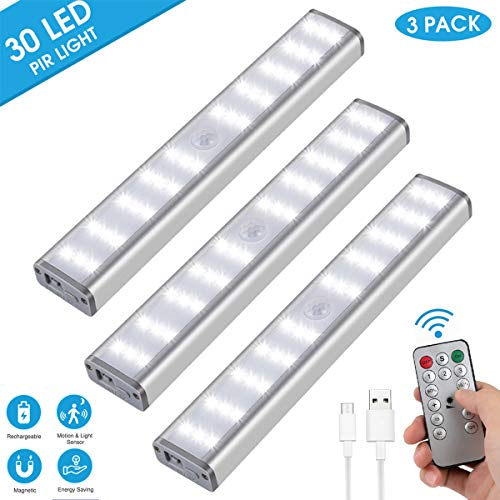 Product Cover Under Cabinet Lighting, Aeegulle 30 LED Rechargeable Closet Light, Stick-on Anywhere Wireless Motion Sensor Light Lamp, for Closet Hallway Cabinet Stairway Wardrobe Kitchen (3 Pack)
