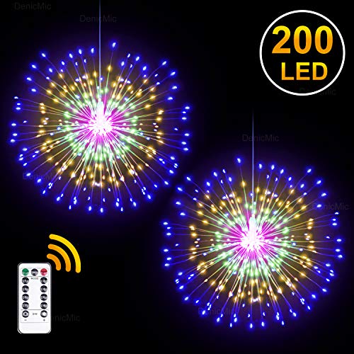 Product Cover DenicMic 2Pcs Starburst Lights 200 LED Firework Lights Copper LED Christmas Lights, 8 Modes Fairy Light with Remote, Hanging Ball Light for Christmas Bedroom Party Indoor Outdoor Decoration (Colorful)