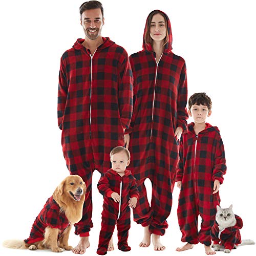 Product Cover Family Christmas Pajamas Matching Set, Drop Seat Onesie Hooded Zip Up One Piece PJs for Couples, Kids, Baby, Pets