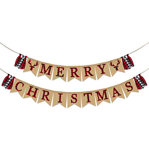 Product Cover Merry Christmas Banner Burlap | Christmas Decorations | Vintage Christmas Banner for Mantle Fireplace | Black Red Plaid Letters Banner | Xmas Party Supplies Decorations | Holiday Decor