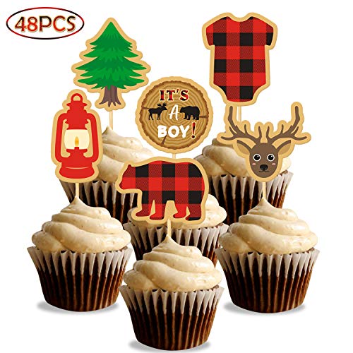 Product Cover Lumberjack Baby Shower Cupcake Toppers, Buffalo Plaid Winter It's a Boy Gender Reveal Cake Decorations Rustic Woodland Party Supplies，48pcs