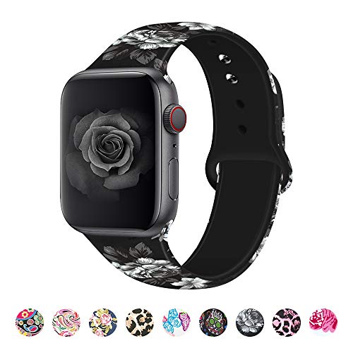 Product Cover MITERV Compatible with Apple Watch Band 38mm 40mm Soft Silicone Fadeless Pattern Printed Replacement Bands for iWatch Series 1,2,3,4,5 Gray Flower M/L