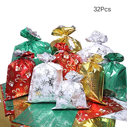 Product Cover Christmas Gift Bags, 32Pcs Santa Wrapping Gift Bag in 4 Sizes and 4 Designs with Ribbon Ties and Tags for Wrapping Holiday Gifts