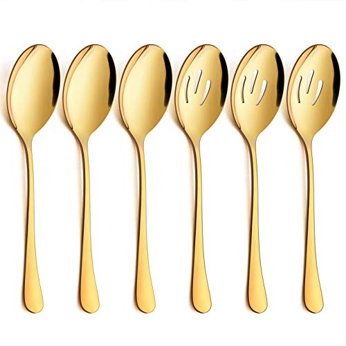Product Cover LIANYU 6-Piece Large Gold Serving Spoons, Gold Slotted Serving Spoons, Stainless Steel Serving Utensils for Party Buffet Restaurant Banquet Dinner Catering, Dishwasher Safe