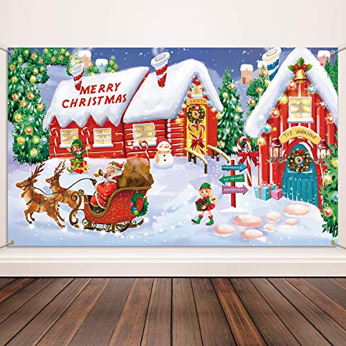 Product Cover Christmas Decoration Supplies, Extra Large Fabric North Pole Wall Scene Setters for Christmas Decoration, Merry Christmas Banner Santa's Village Photo Booth Backdrop Background Banner