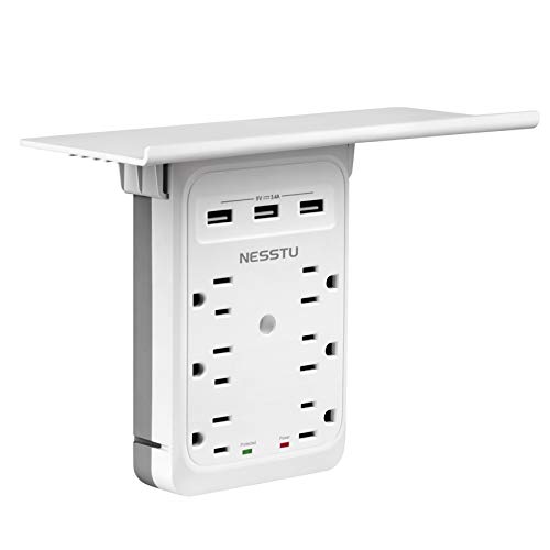 Product Cover Socket Outlet Shelf Surge Protector, NESSTU Multi Electrical Wall Outlet, 6 in 1 Outlets Extender with Easy-Install Removable Shelf, Outlet Plug Adapter with 3 USB (3.4A) Charging Ports