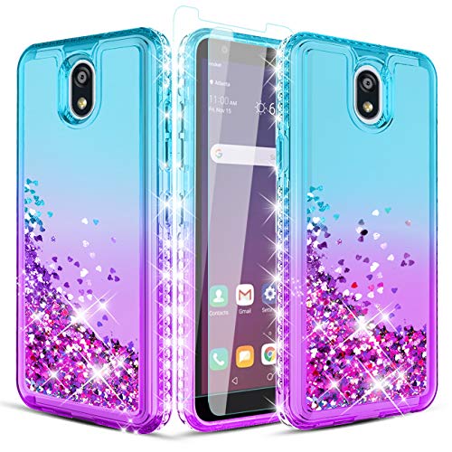 Product Cover Wallme LG Escape Plus Case,LG K30 2019 Case,LG Arena 2/Journey LTE/Tribute Royal Case with HD Screen Protector[2 Pack],Glitter Diamond Hearts Falling,Durable TPU Phone Case for Girls Women-Teal/Purple