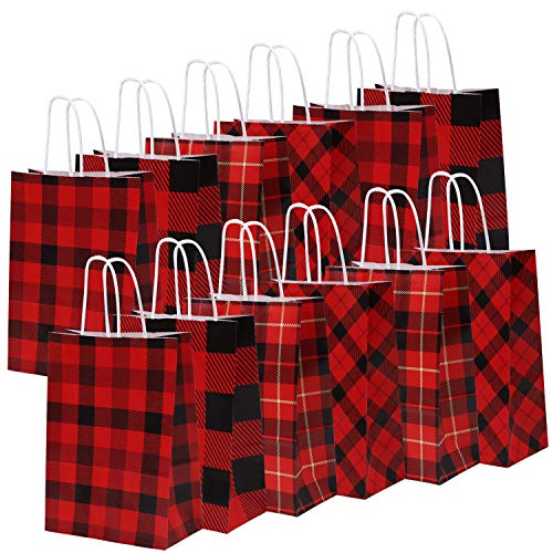 Product Cover Cooraby 20 Pieces Red and Black Plaid Paper Party Bags Christmas Gift Bag Birthday Kraft Party Bags with Handle for Wedding and Party Celebrations (Color C)