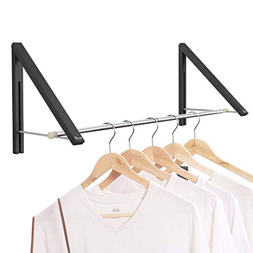 Product Cover Anjuer Retractable Clothes Rack - Wall Mounted Folding Clothes Hanger Drying Rack for Laundry Room Closet Storage Organization, Aluminum, 2 Racks with Rod (Black)