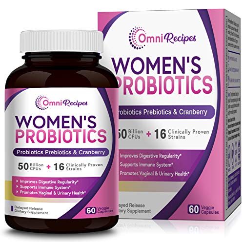 Product Cover OmniRecipes Probiotic for Women, 60 Caps 50 Billion CFU 16 Strains, with Organic Prebiotics Cranberry for Digestive Immune Vaginal & Urinary Health, Shelf Stable, Delayed Release, No Soy Gluten Dairy