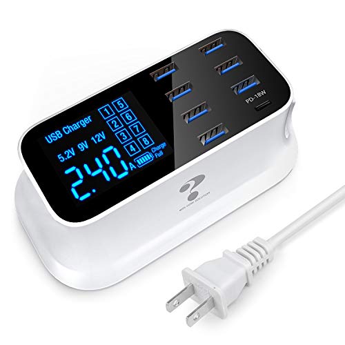 Product Cover USB Charging Station, 8 Ports PD 18W USB C Charger Multiple Desktop Chargers with Tpye C Port and LCD Display, for iPhone 11/11 Pro/Max, AirPods Pro, Huawei, Samsung and More