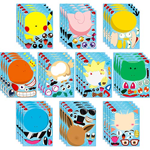 Product Cover Ticiaga 40pcs Pikachu Make-a-face Stickers Sheets, Make Your Own Pikachu Stickers Fun Craft Project for Kids, 40pcs Pikachu Mix and Match Stickers for Party Favor Supplies, Class Reward, Book Decor