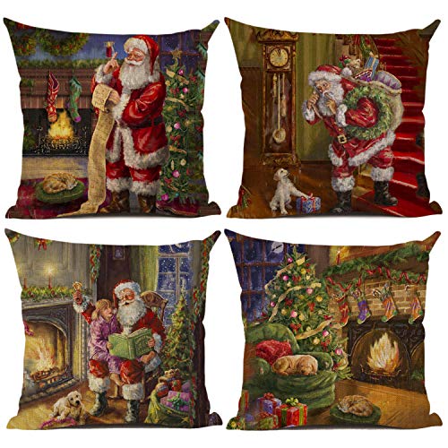 Product Cover Ruimeier Christmas Pillow Covers Set of 4, 18 x 18 Inches Xmas Pillows for Christmas Decorations, Throw Pillow Cases for Home Sofa Indoor Outdoor Party Car Decor, Canvas SD047