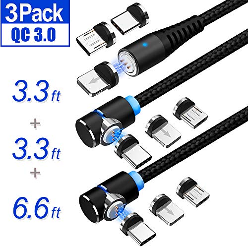 Product Cover Magnetic Charging Cable, LSGAE 2nd Generation 3 in 1Cable, QC 3.0 Fast Charging & Data Transmission, Compatible with Mirco USB, Type C Smartphone and iProduct Device 3Pack 3.3ft/3.3ft/6.6ft (Black)