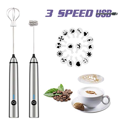 Product Cover Rechargeable Milk Frother Handheld Electric Foam Maker with Stainless Whisk 3 Speed for Bulletproof Coffee Latte Cappuccino Hot Chocolate Black Extra 16 Pcs Art Stencils (Silver)