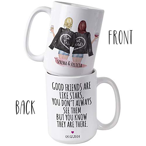 Product Cover Custom Best Friend Gifts, 15oz Coffee Mug for Women - Long Distance Friendship - Choose Hair - Skin Color Personalized Cup w Names for Besties, BFF, Friends Birthday - Moving Away, Christmas Gifts