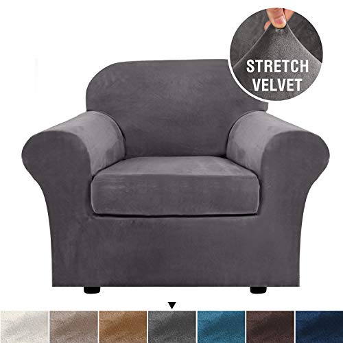 Product Cover H.VERSAILTEX Rich Velvet Stretch 2 Piece Chair Cover Chair Slipcover Sofa Cover Furniture Protector Couch Soft with Elastic Bottom Chair Couch Cover with Arms, Machine Washable(Chair,Grey)