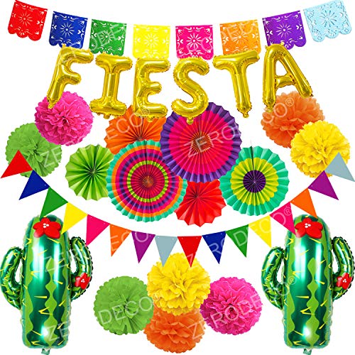 Product Cover ZERODECO Fiesta Party Decoration, Multicolor Festival Mexicano Picado Banner Foil Fiesta and Cactus Balloons Paper Fan Pompoms Triangle Bunting Banner for Fiesta Mexican Cinco De Mayo Party