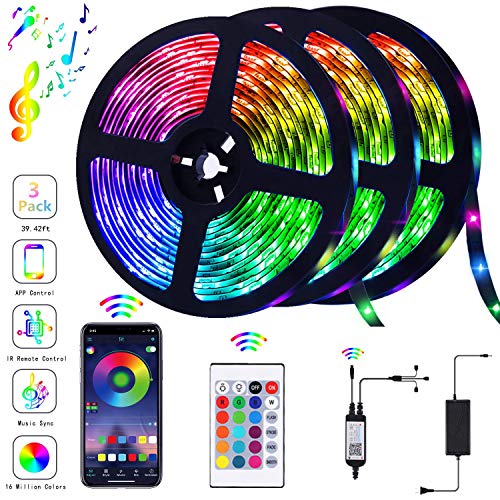 Product Cover 39.42FT/12m LED Strip Lights Flexible Strip Light with Bluetooth Controller Changing Tape Lights kit with LED Sync to Music for TV, Bedroom, Kitchen Under Counter, Under Bed Lighting (3×4M)