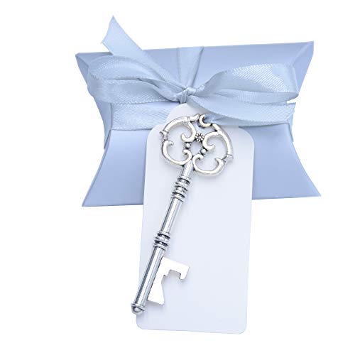 Product Cover 50pcs Wedding Favor Souvenir Gift Set Pillow Candy Box Vintage Skeleton Key Bottle Openers Escort Gift Card Thank You Tag French Ribbon(Antique Silver)