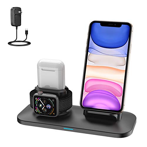 Product Cover Wireless Charger, 3 in 1 Wireless Charging Stand for Apple Watch 5 and iPhone Airpods, Wireless Charging Station compatible for iPhone 11/11 Pro/X/XR/Xs/8 Plus Apple Watch Charger 5 4 3 2 1 Airpods1 2