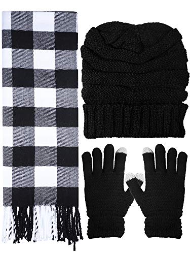 Product Cover Knitted Beanie Hat Gloves and Soft Scarf Winter Warm Set for Women Men, 3 Pieces (Black and Plaid)